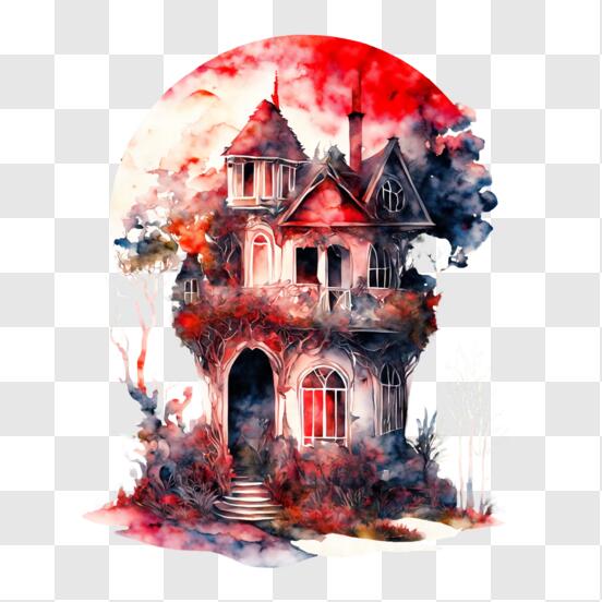 Desenho de casa assustadora com cara assustadora e árvore