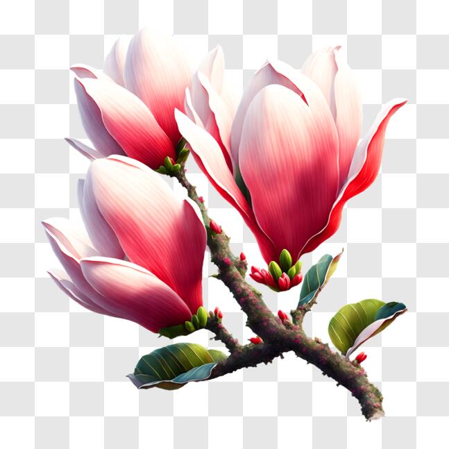 Download Three Pink Flowers on a Branch with Green Leaves PNGs Online ...