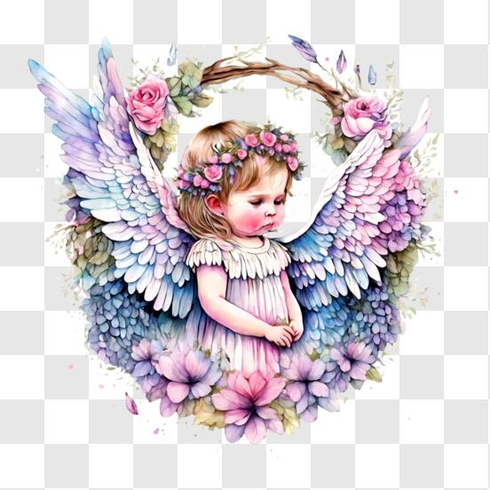Angel Painting with Pink Wings and Flowers