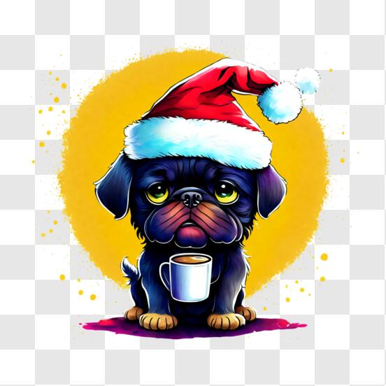 Download Cute Pug Dog with Santa Hat and Coffee Mug PNG Online - Creative  Fabrica