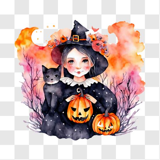 Garota com fantasia de bruxa para o halloween, em fundo branco. estilo de  anime de bruxa.