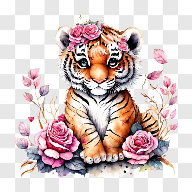 Download Tiger Cub Surrounded by Roses and Flowers PNG Online ...