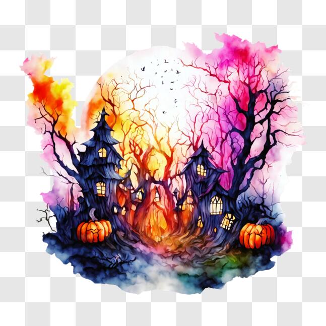 Download Watercolor Halloween Scene with Colorful Houses and Pumpkins ...