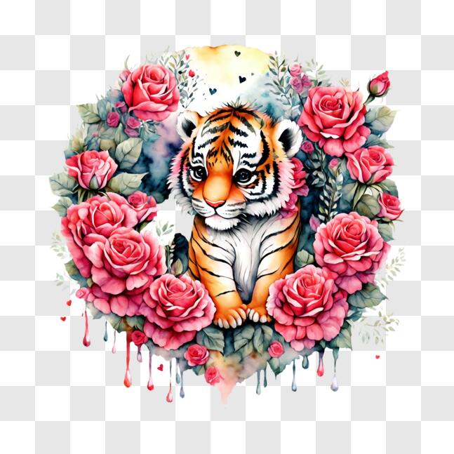 Download Beautiful Tiger in a Garden of Roses PNG Online - Creative Fabrica
