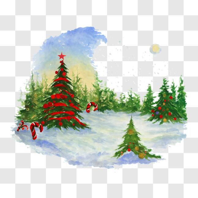 Download Snowy Christmas Landscape with Trees and Ornaments PNG Online ...