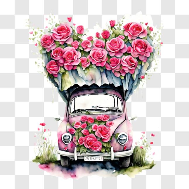 Download Pink Car with Heart-Shaped Rose Bouquet PNG Online - Creative ...