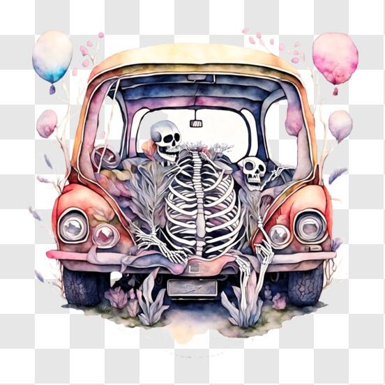 Gruselige Auto-Dekoration mit Skeletten und Luftballons PNG online