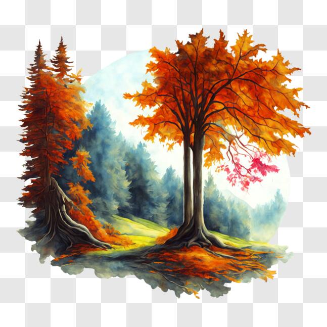 Download Autumnal Landscape with Two Trees and Full Moon PNG Online ...