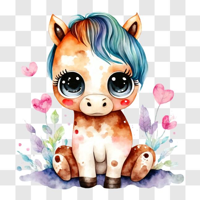 Download Adorable Horse with Blue Hair and Pink Eyes Sitting Amongst