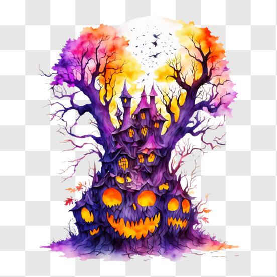 Gruselige Halloween-Baumdekoration mit Kürbissen und Fledermäusen PNG  online herunterladen – Creative Fabrica