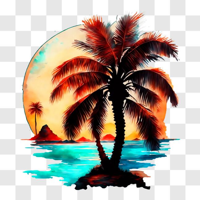 Download Tropical Palm Tree and Full Moon Artwork PNG Online - Creative ...