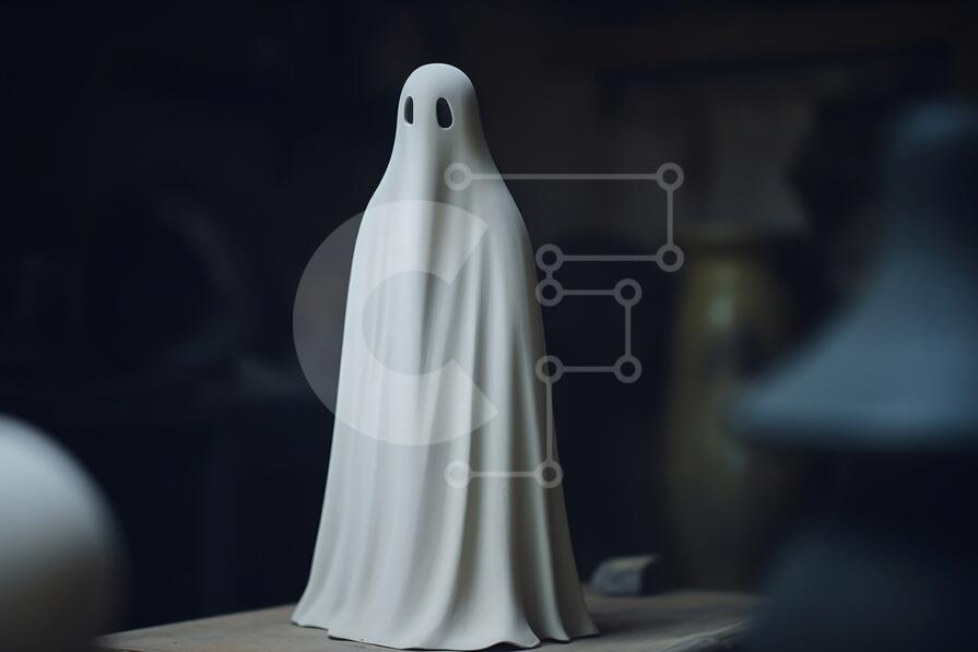 Ghost Figurine Decoration on Wooden Table stock photo | Creative Fabrica