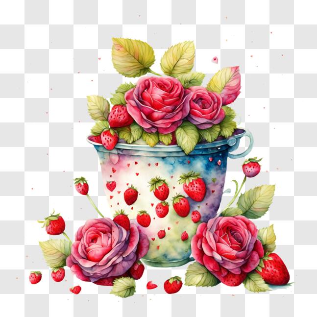 Download Watercolor Painting of Strawberries and Roses in a Teacup PNGs ...