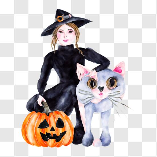 Scarica Donna in costume da strega con gatto nero e zucca PNG Online -  Creative Fabrica