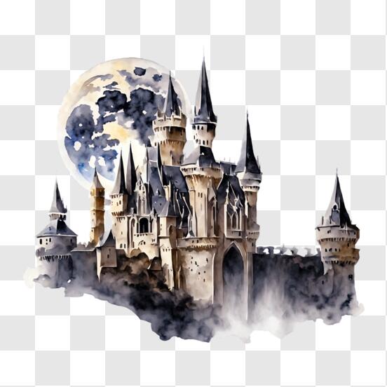 Télécharger Illustration de château gothique avec des chauves-souris et une  pleine lune PNG En Ligne - Creative Fabrica