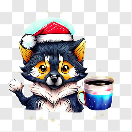 Scarica Cane carino con cappello di Babbo Natale e tazza di caffè