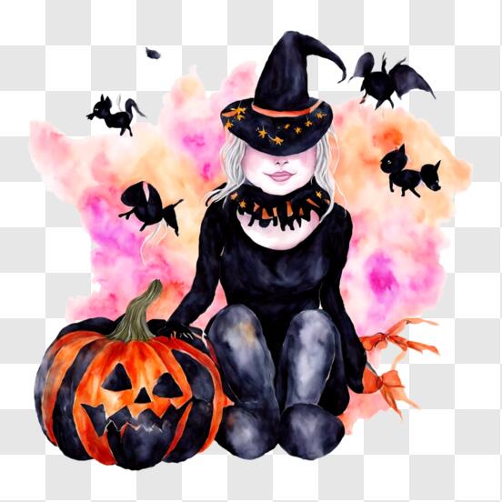 Baixe Bruxa de Halloween com Abóboras e Morcegos PNG - Creative Fabrica