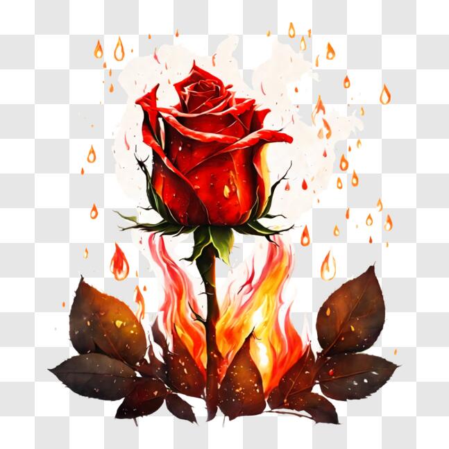 Download Burning Red Rose with Leaves PNGs Online - Creative Fabrica