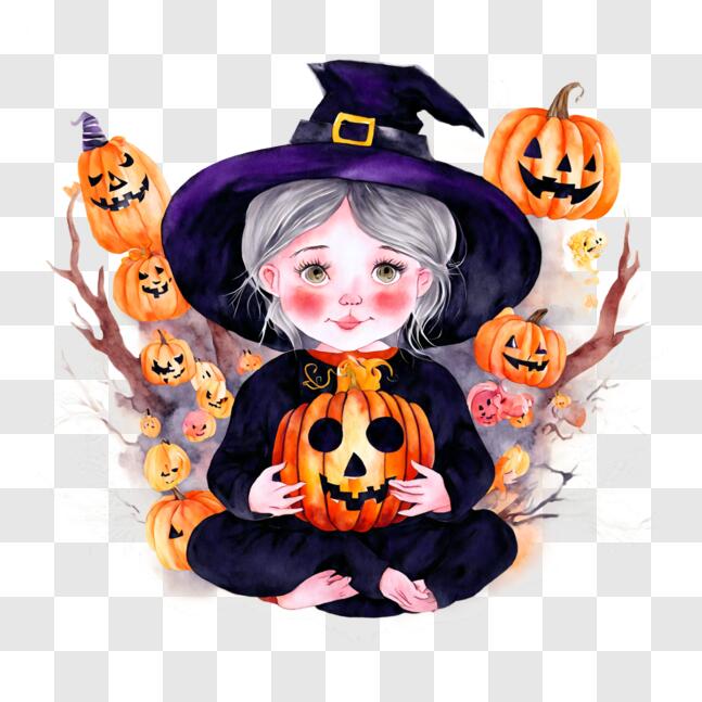 Download Watercolor painting of a little girl in a witch hat with ...