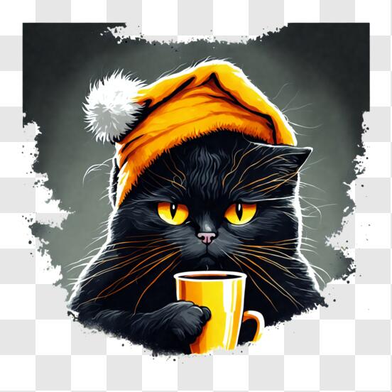 Scarica Gatto Nero che Beve da una Tazza con Cappello Arancione PNG Online  - Creative Fabrica