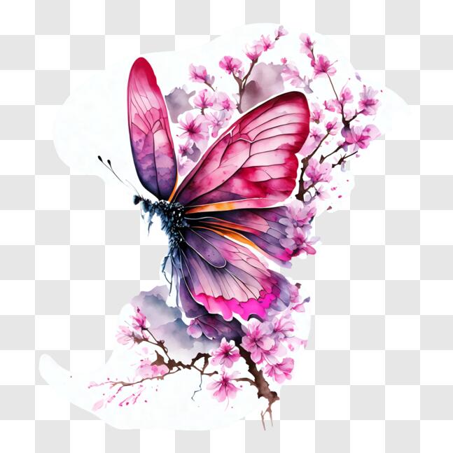 Download Butterfly Artwork with Pink Blossoms and Water Drops PNG Online -  Creative Fabrica