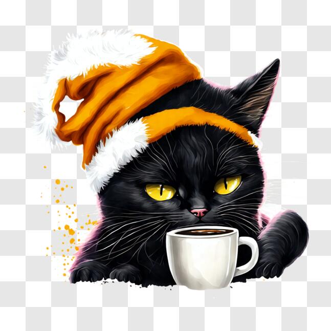 Download Funny Black Cat with Santa Hat and Coffee PNG Online ...