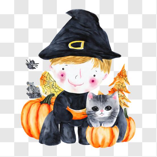 Scarica Ragazzo in costume da strega con gatto su zucche PNG Online - Creative  Fabrica