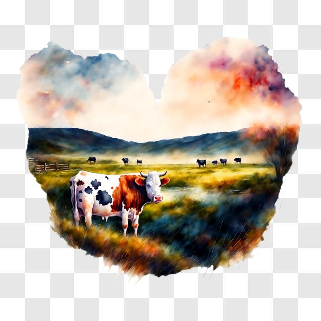 Download Cows Grazing in Grassy Field with Abstract Heart Painting PNGs ...