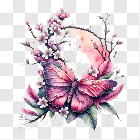 Télécharger Papillon rose sur les fleurs de cerisier