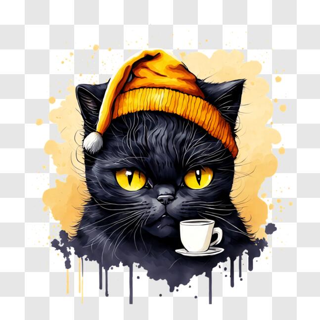 Download Black Cat with Ugly Hat and Coffee PNG Online - Creative Fabrica