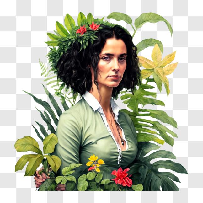 Download Artistic Painting of a Woman with Green Leaves PNG Online ...