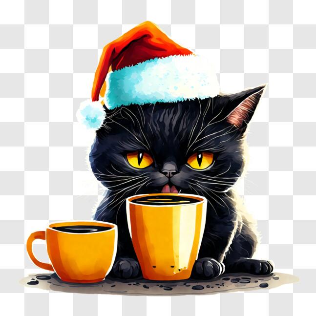 Download Cute Black Cat with Santa Hat and Coffee Cups PNG Online ...