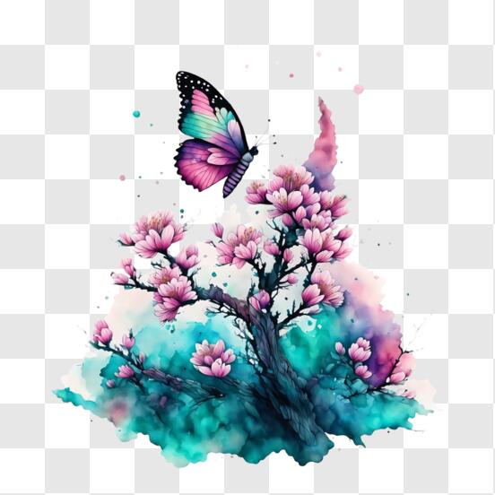 Download Colorful Butterfly on Cherry Blossom Branch PNG Online - Creative  Fabrica
