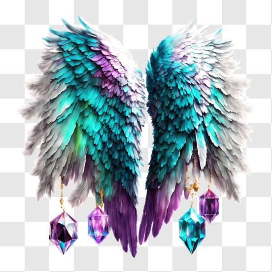 Angel Wings with Purple and Blue Feathers and Crystals