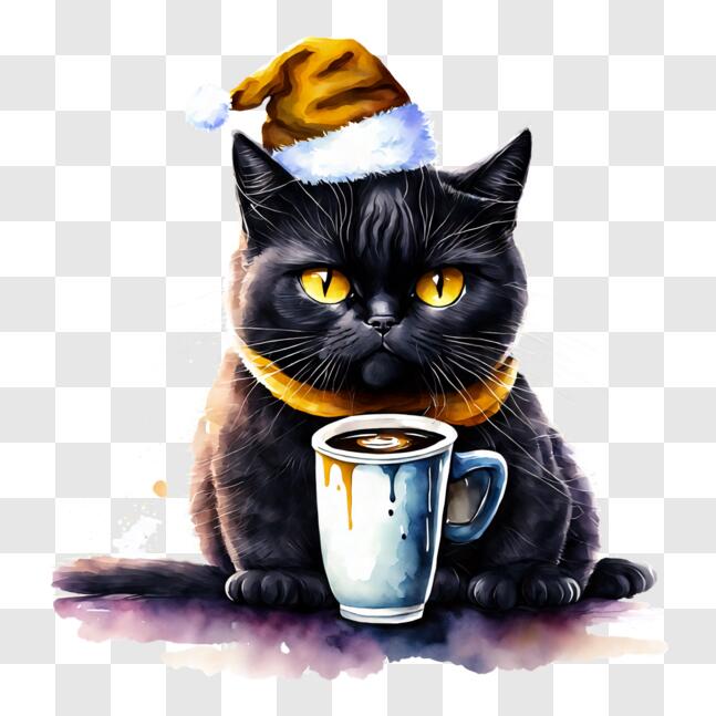 Download Cute Black Cat Enjoying a Cup of Coffee PNG Online - Creative ...