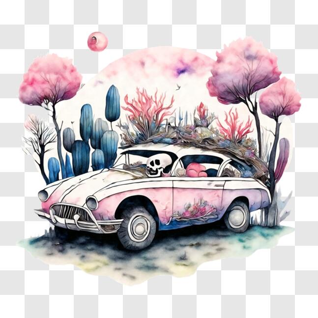 Download Watercolor Painting of a Pink Vintage Car with Skull ...