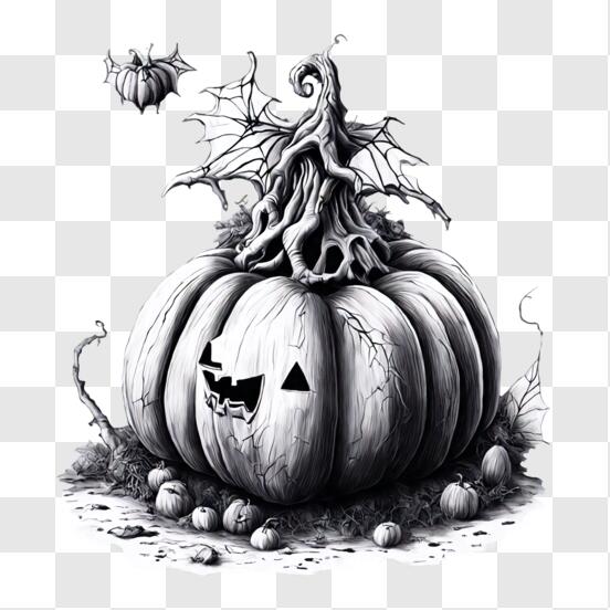 Scarica Disegno di zucca in bianco e nero con decorazioni di Halloween PNG  Online - Creative Fabrica