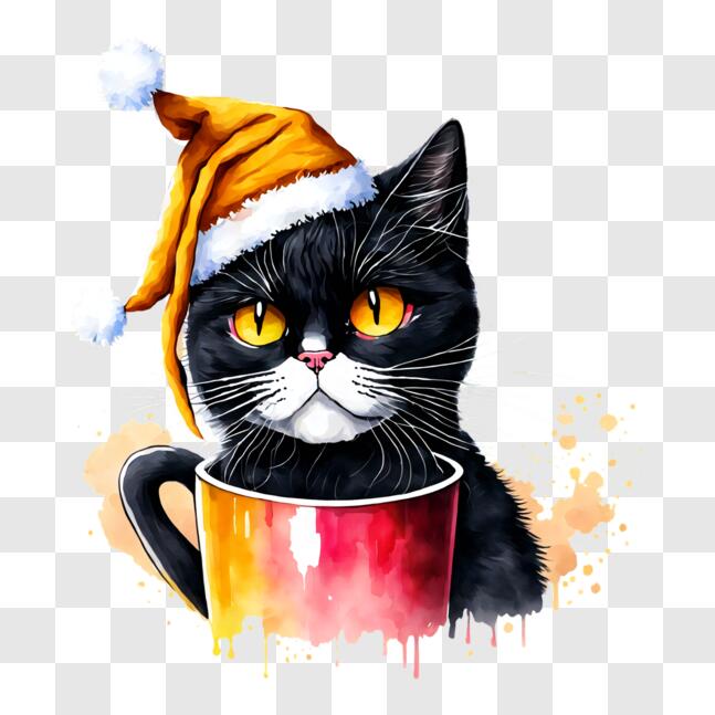 Download Black Cat with Santa Hat Drinking Coffee PNG Online - Creative ...