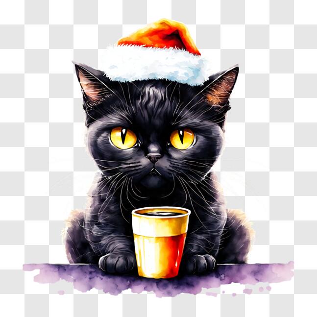 Download Black Cat in Santa Hat Enjoying a Drink PNG Online - Creative ...