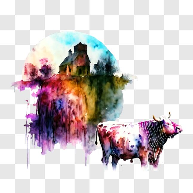 Download Colorful Cow in Front of Old Farmhouse with Moon PNGs Online ...
