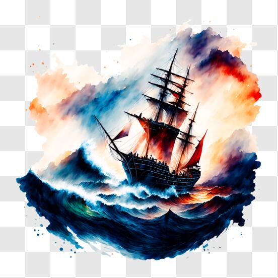 Download Watercolor Painting of an Old Sailing Ship in the Ocean PNGs ...