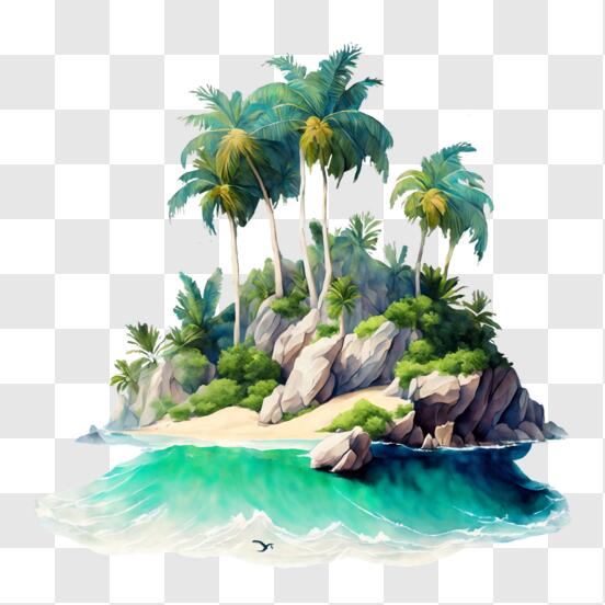 Download Scenic View of Colorful Island with Trees and Rocks PNG Online -  Creative Fabrica
