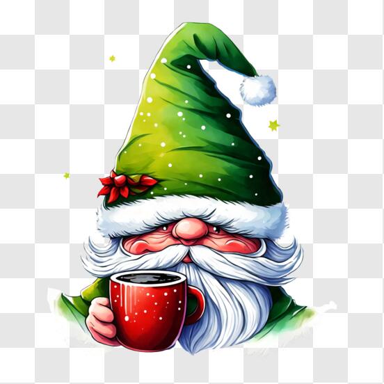 Papai Noel Verde segurando uma xícara de café com estrelas ao fundo PNG