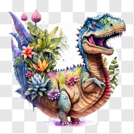 Ilustração colorida de dinossauro T-Rex com flores e plantas