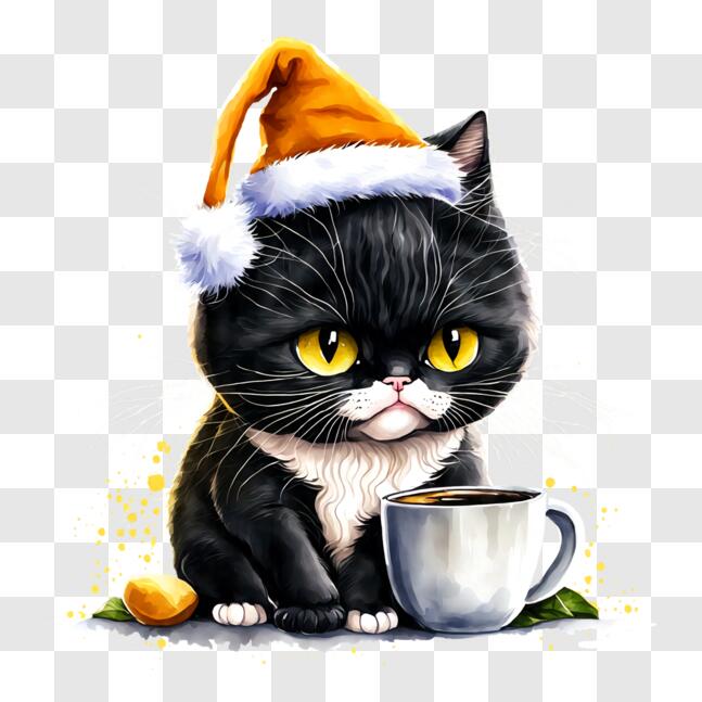 Download Curious Black Cat with Santa Claus Hat and Coffee PNG Online ...