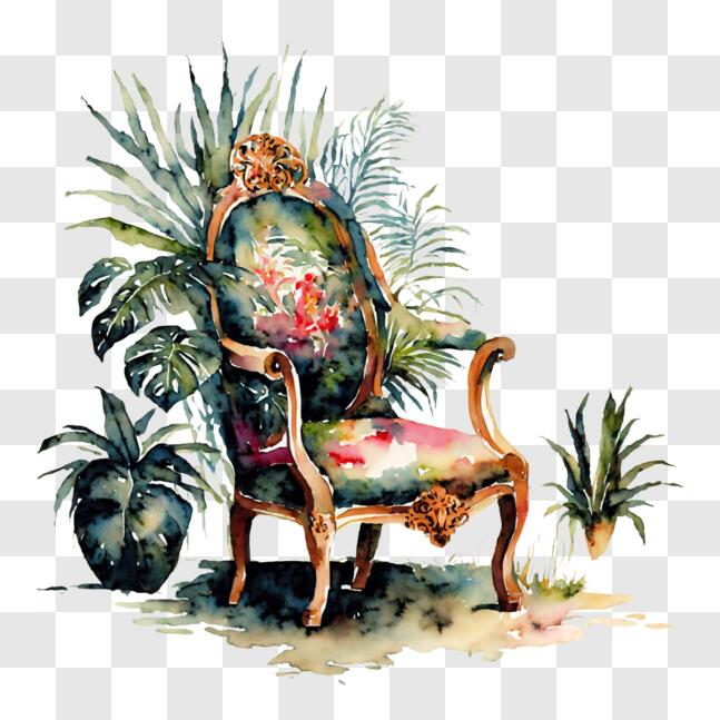 Download Colorful Painting of Antique Chair in a Garden PNG Online ...