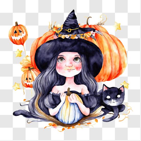 Scarica Ragazza Strega di Halloween su Zucche con Gatto Nero PNG Online - Creative  Fabrica