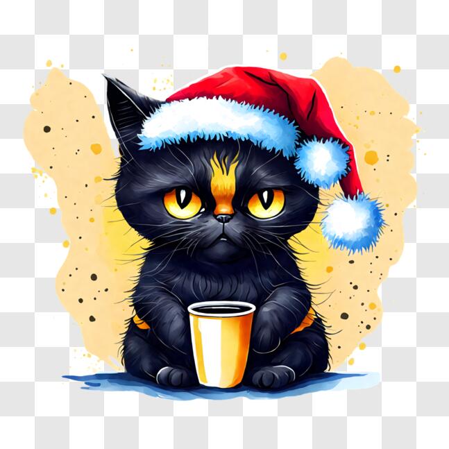 Download Happy Black Cat with Santa Hat and Cup PNG Online - Creative ...