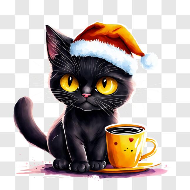Download Adorable Black Cat with Santa Hat PNG Online - Creative Fabrica