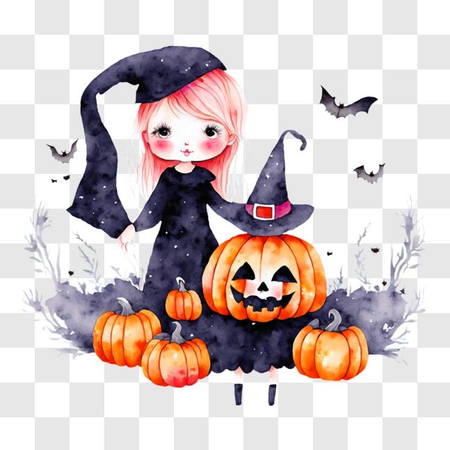 Download Watercolor Illustration of Two Witches with Pumpkins PNGs ...